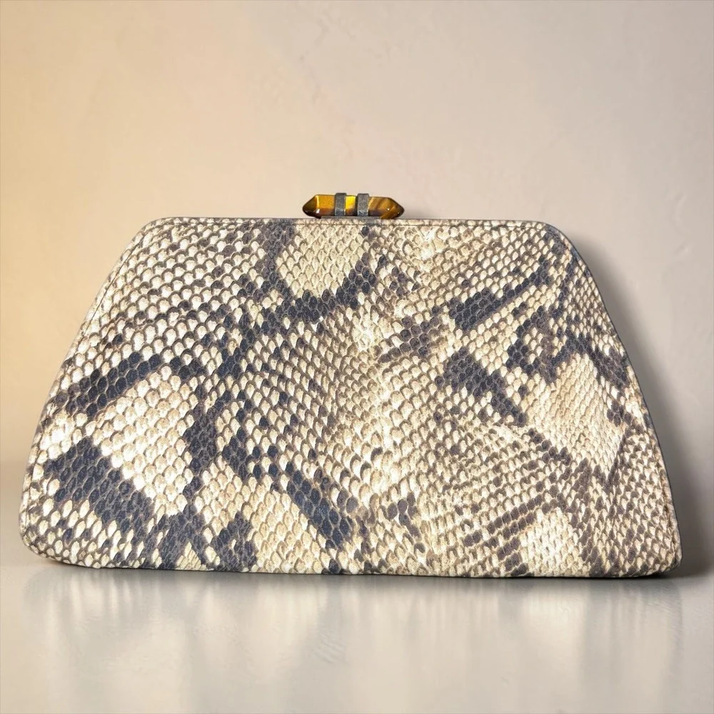 Banana Republic Snakeskin Print Frame Clutch Amber Stone Clasp Neutral Handbag